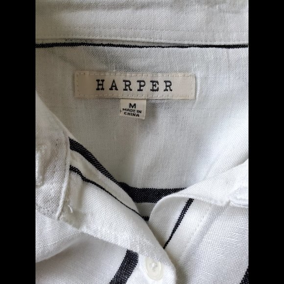 White and black striped button-down blouse with tie waist (Size M) - Picture 4 of 4